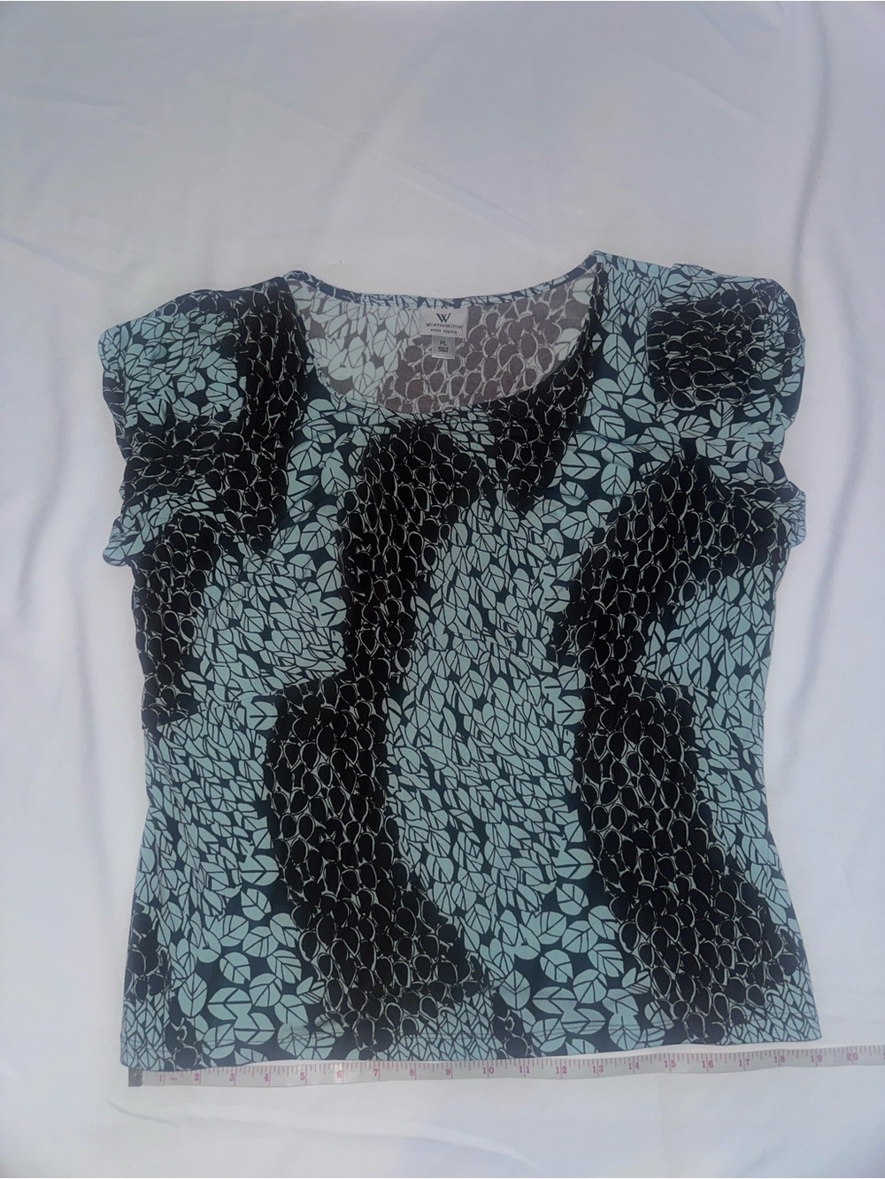 Worthington Black and Mint Leaf-Pattern Short Sleeve Blouse